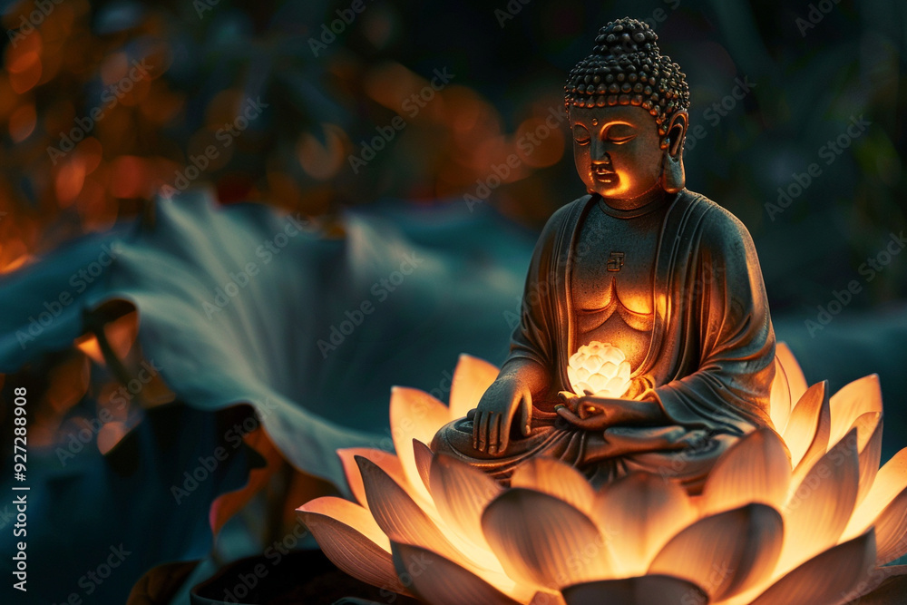 Obraz premium Buddha Statue with Glowing Lotus