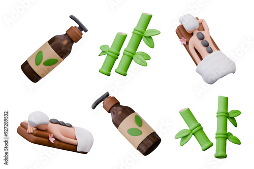Bottle with dispenser and label with leaves, green stalks of fresh bamboo, person with hot stones