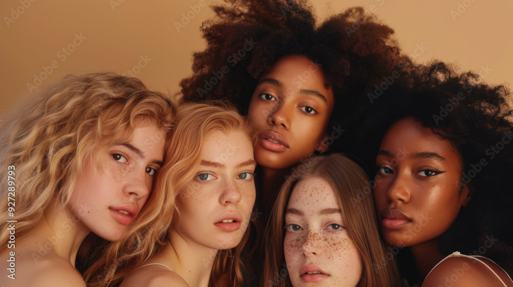 Portrait of a variety of models, with different types, long hair. Young women posing against a light background indoors. Style and beauty concept.