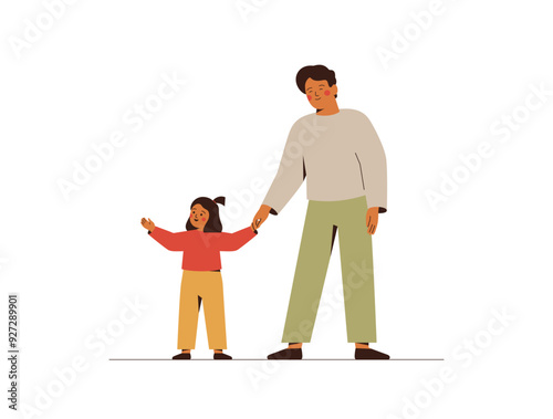 Small girl showing and saying something to her father. Communication between parent and child. Man listening his daughter and hold her hand. Vector illustration