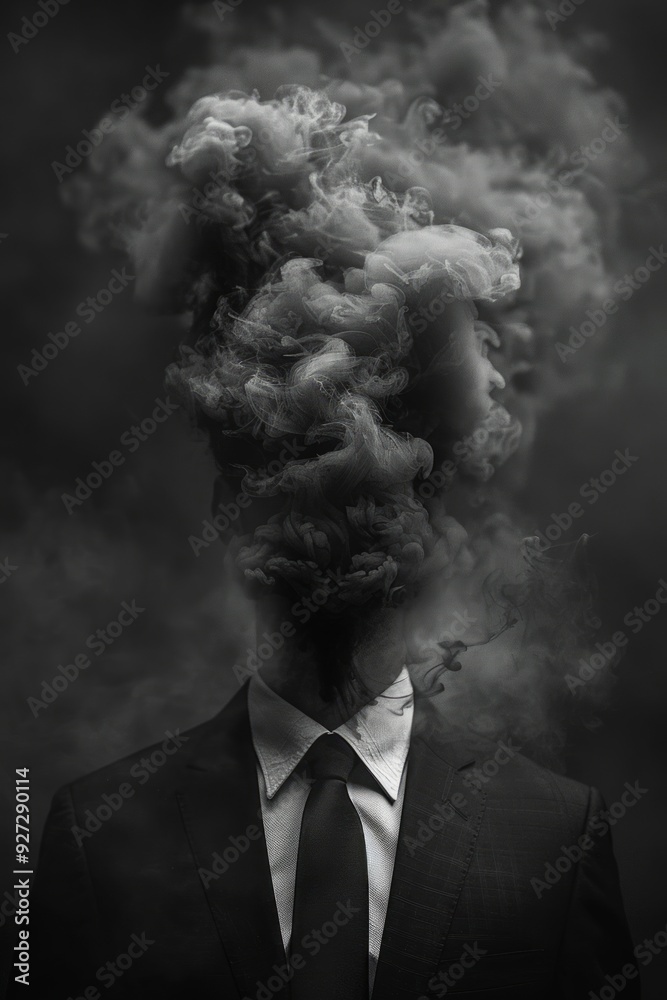 A suited man stands as smoke rises, creating a surreal and mysterious effect around him A suited man stands as smoke rises, creating a surreal and mysterious effect around him