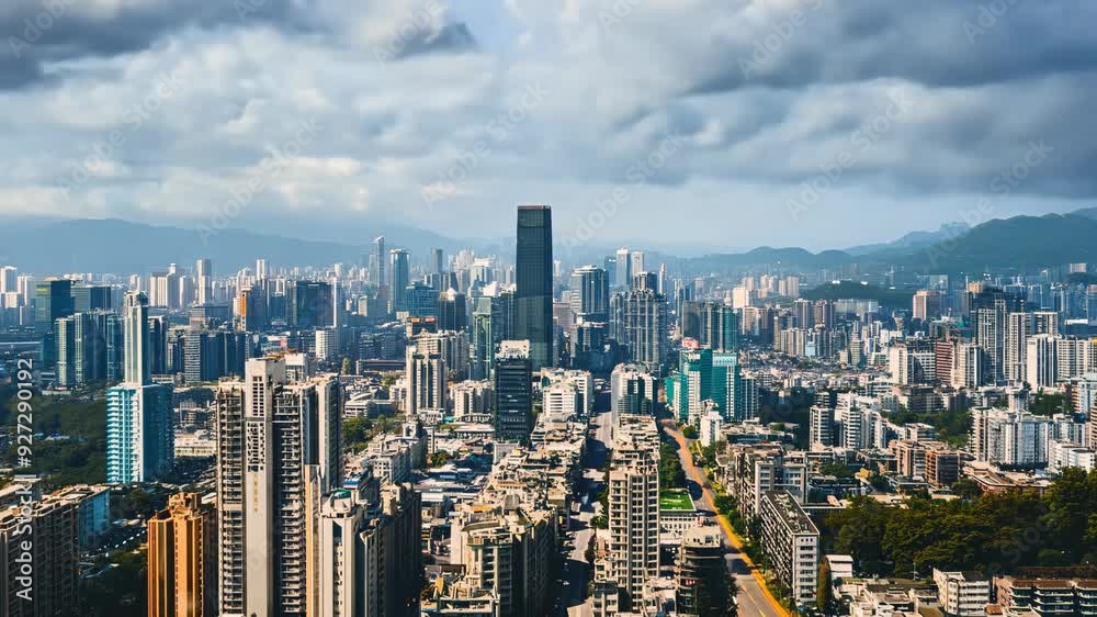 Timelapse of modern city with skyscrapers. Urban architecture, metropolitan and cityscape concept. Sky with moving clouds