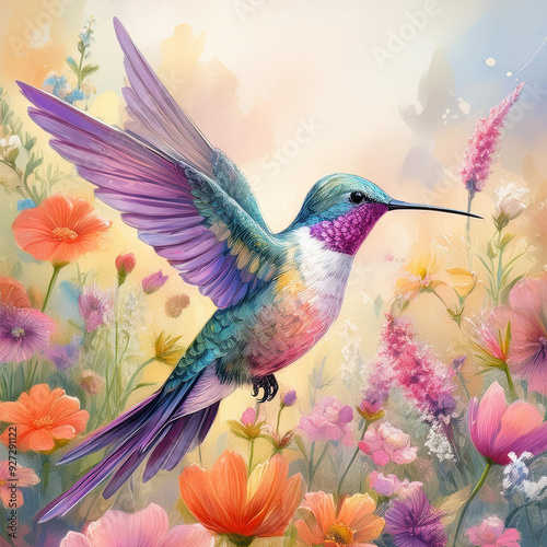 Hummingbird, among colorful wildflowers, pastel painting technique, pastel 