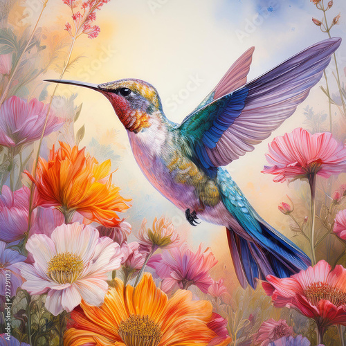 Hummingbird, among colorful wildflowers, pastel painting technique, pastel