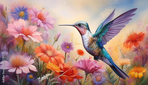 Hummingbird, among colorful wildflowers, pastel painting technique, pastel 