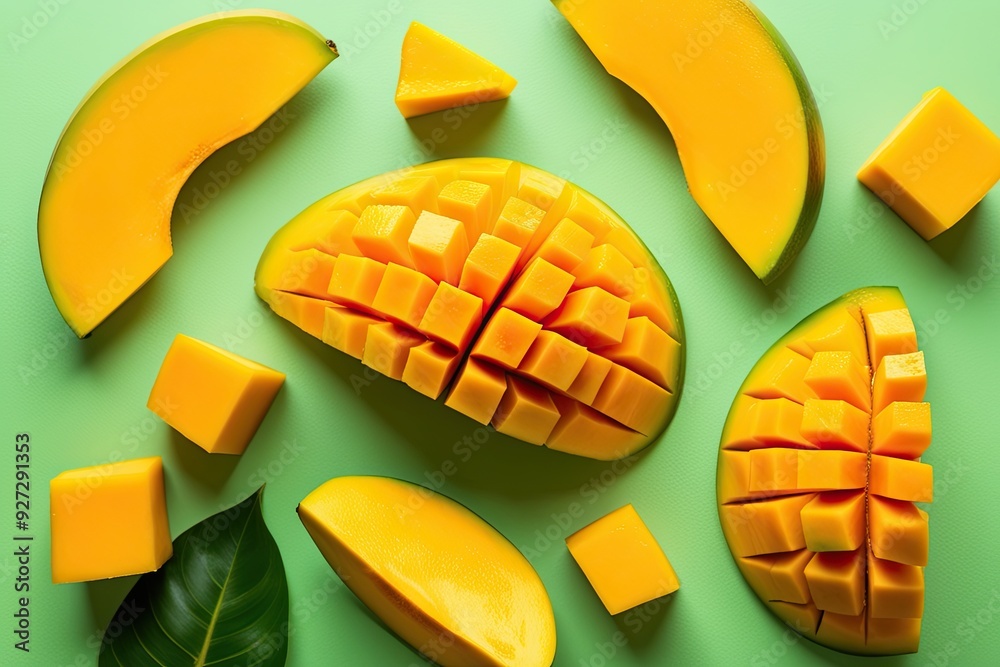 Delicious Mango Wedges and Cubes on a Fresh, Tropical Background Delicious Mango Wedges and Cubes on a Fresh, Tropical Background