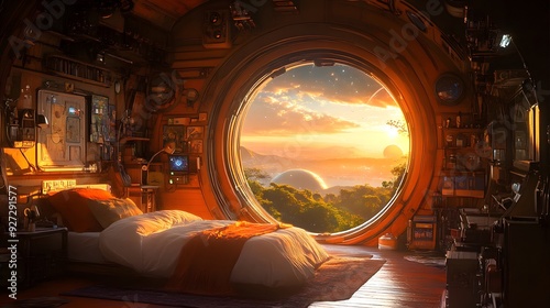 Fototapeta Naklejka Na Ścianę i Meble -  A bedroom aboard a space station, featuring a large round window showcasing a view of space with stars and a planet below.