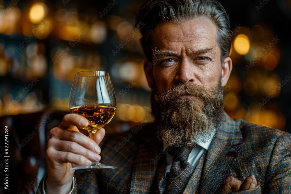 The man raises a glass of whiskey, showcasing a sophisticated ambiance in a warmly lit bar The man raises a glass of whiskey, showcasing a sophisticated ambiance in a warmly lit bar