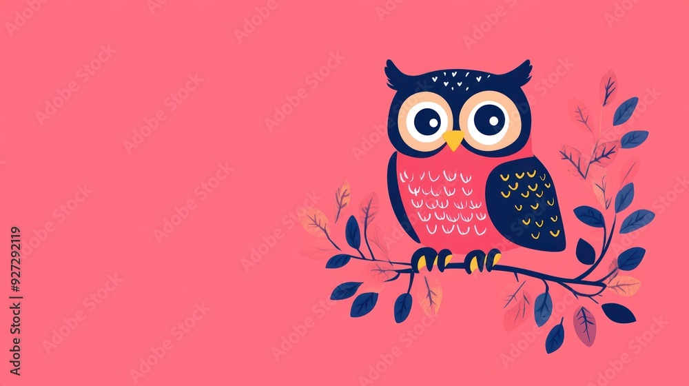 Cartoon pink owl perched on a branch with blue leaves on pink background. Cartoon pink owl perched on a branch with blue leaves on pink background.