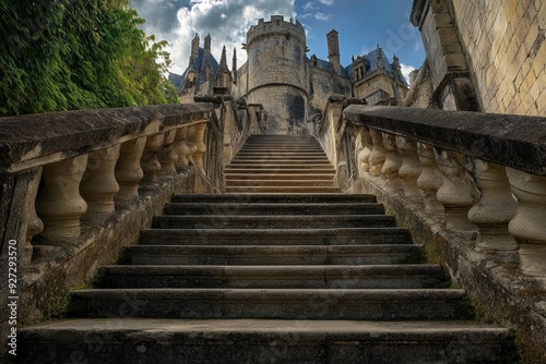 A stone staircase leads to a castle. The castle is old and has a Gothic style. The sky is blue and there are clouds in the background , ai