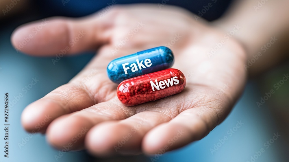 Hand holding pills labeled 'fake' and 'news', symbolizing misinformation. Hand holding pills labeled 'fake' and 'news', symbolizing misinformation.