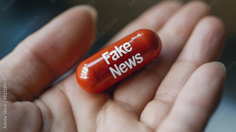 A hand holding a red pill labeled 'fake news,' symbolizing the spread and consumption of misinformation. A hand holding a red pill labeled 'fake news,' symbolizing the spread and consumption of misinformation.