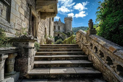 A stone staircase leads to a castle. The castle is old and has a Gothic style. The sky is blue and there are clouds in the background, ai