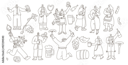 Set of Oktoberfest doodle characters. Beer festive people kit. Vector collection illustration isolated on white background.