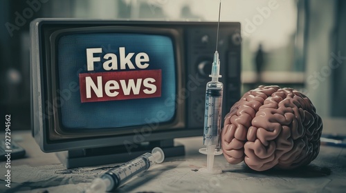 Old tv displaying 'fake news' next to a brain and syringe, symbolizing brainwashing through misinformation.