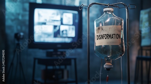 Iv bag labeled 'propaganda' in a medical setting, symbolizing the infusion of misinformation.
