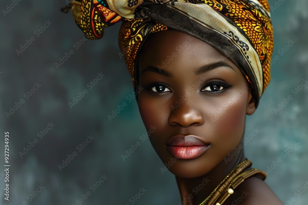 Portrait of a woman with a headscarf and makeup, embodying cultural elegance