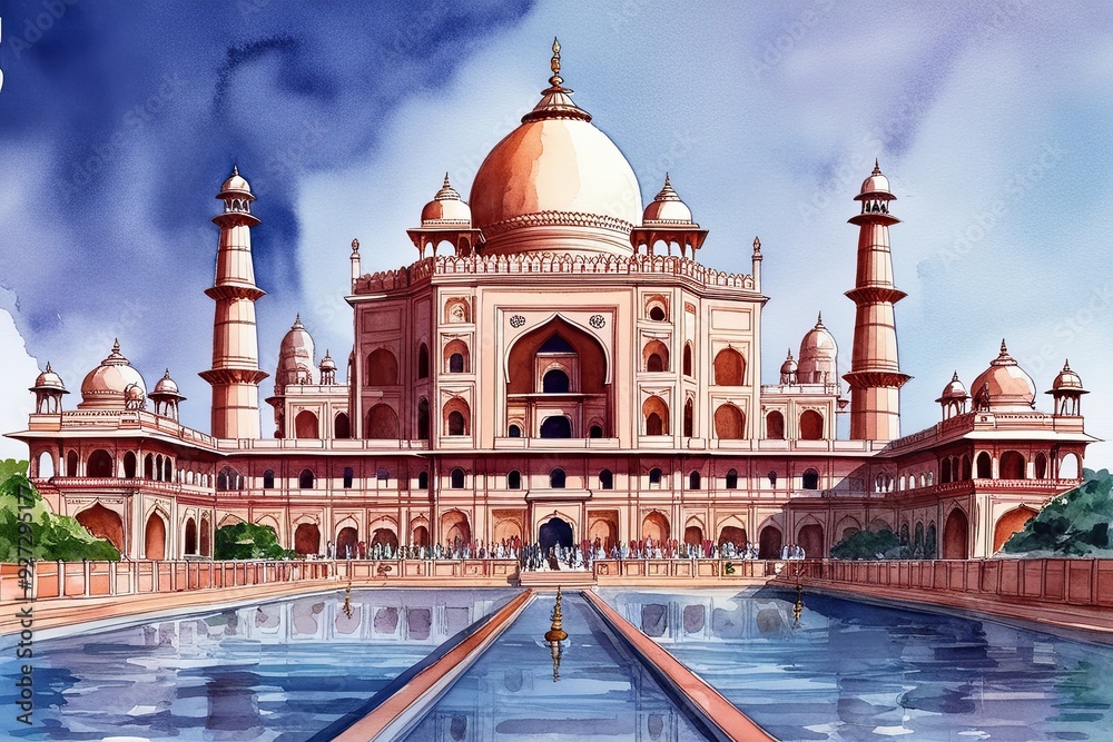 Fototapeta premium Stunning Watercolor Art of Akshardham Temple in India Showcasing Architectural Beauty and Spiritual Significance