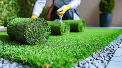 A man installing natural grass rolls in a landscaped garden area