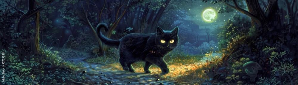 Black Cat Walking Through the Forest at Night Black Cat Walking Through the Forest at Night