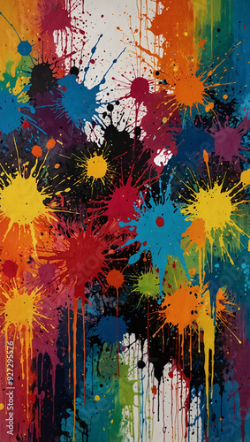 A vibrant and chaotic abstract piece that combines splatters, drips, and splashes of paint in a riot of colors, creating a sense of spontaneous creativity and joyful chaos