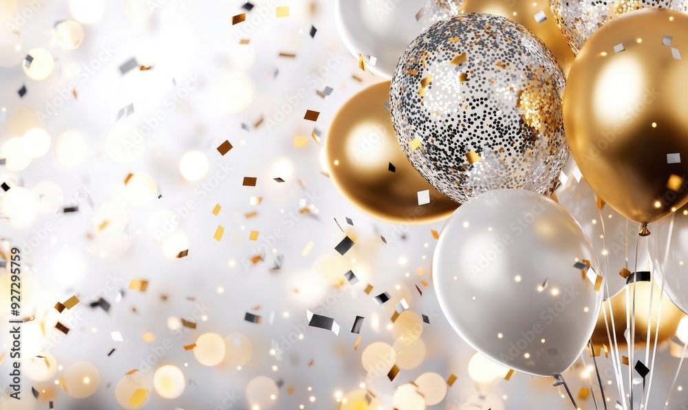 Elegant Gold and Silver Balloons with Confetti Celebration Background Elegant Gold and Silver Balloons with Confetti Celebration Background