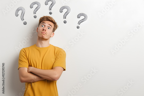 A European man and his head obscured by question marks, suggesting overthinking or confusion