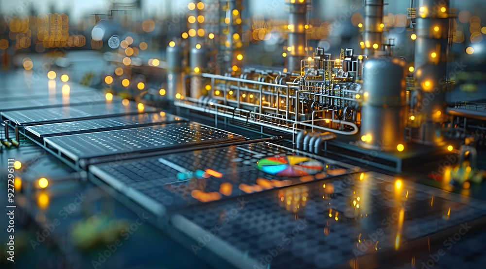 Industrial Cityscape 3D Illustration with Glowing Lights Industrial Cityscape 3D Illustration with Glowing Lights
