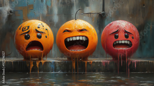 Three cute emojis crying in rain, on a footpath