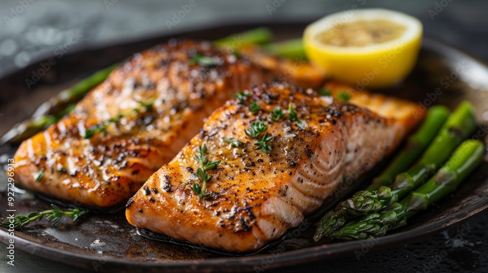 Delicious grilled salmon fillets garnished with herbs, served alongside vibrant asparagus and lemon Delicious grilled salmon fillets garnished with herbs, served alongside vibrant asparagus and lemon