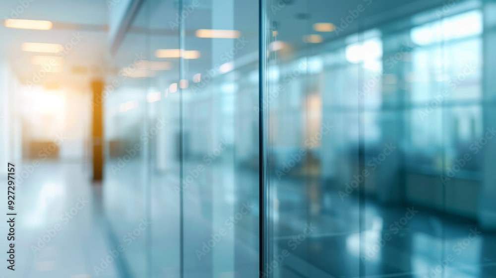 A blurred glass wall in a corporate business center, emphasizing the abstract design and reflection patterns, creating a modern and sleek background suitable for business concepts