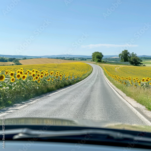 Driving through rural countryside, the car windshield reveals a picturesque view of endless sunflower fields beneath a clear blue sky, capturing the beauty and tranquility of a peaceful summer day.