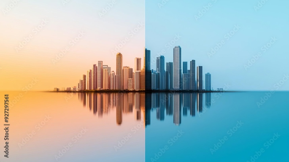 Economic recession, market cycle, debt crisis : City skyline split in half, one side flourishing with growth and the other side deteriorating in a recession