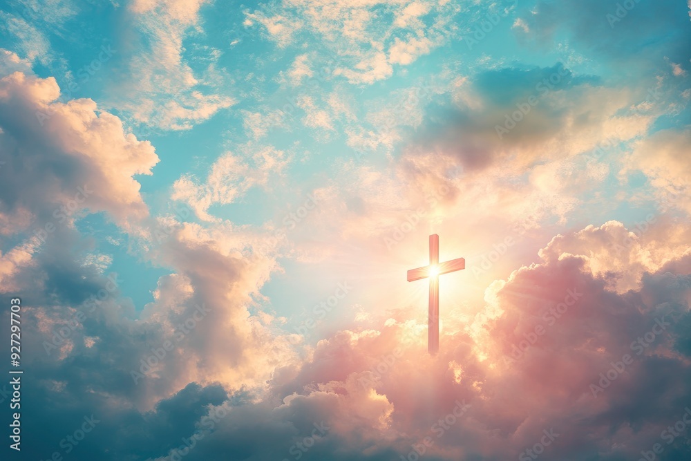 Christian cross appeared bright in the sky with soft fluffy clouds, white, beautiful colors. With the light shining as hope, love and freedom in the sky background , ai Christian cross appeared bright in the sky with soft fluffy clouds, white, beautiful colors. With the light shining as hope, love and freedom in the sky background , ai