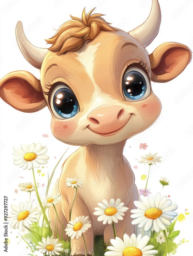Cute cartoon calf with big eyes sitting in a field of daisies.