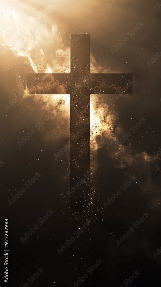 Fototapeta premium Silhouette of cross on dark background, bathed in golden-brown light. Bright spots create radiant atmosphere, breaking through clouds or smoke-like effect.