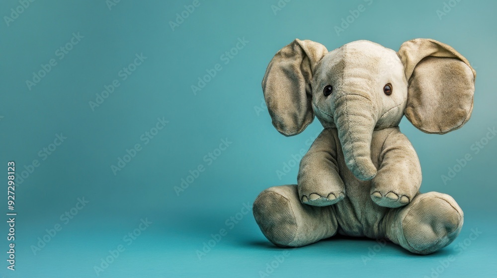 A well-loved, plush elephant toy sits on a turquoise background. A well-loved, plush elephant toy sits on a turquoise background.
