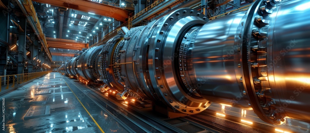 Image shows large metallic cylinders in dimly lit factory, varying in size with glowing orange highlights, creating futuristic industrial vibe. Image shows large metallic cylinders in dimly lit factory, varying in size with glowing orange highlights, creating futuristic industrial vibe.
