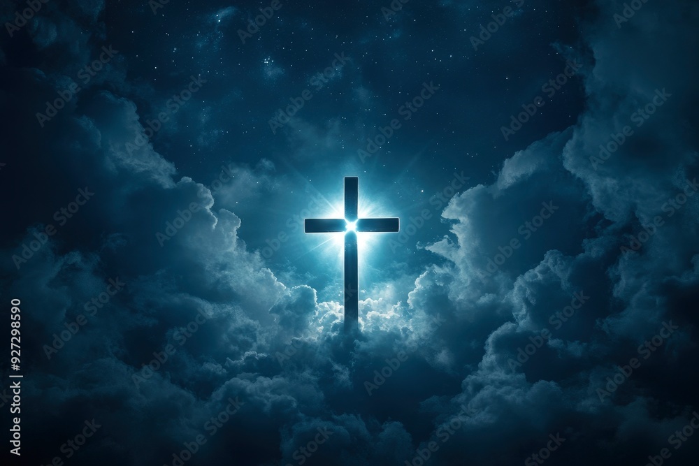 Concept of christian religion shining cross on the background of cloudy night sky. Dark sky with cross and cloud. Divine shining heaven, light. Religious background , ai Concept of christian religion shining cross on the background of cloudy night sky. Dark sky with cross and cloud. Divine shining heaven, light. Religious background , ai