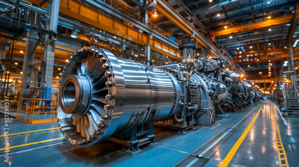 a large metal turbine in the factory, surrounded by safety signs. Other turbines are neatly lined up in a row, hinting at industrial functions. Adjacent to the office space a large metal turbine in the factory, surrounded by safety signs. Other turbines are neatly lined up in a row, hinting at industrial functions. Adjacent to the office space