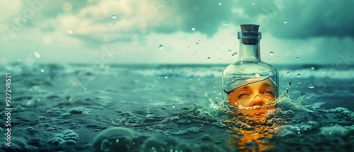 A skull in a bottle floats in stormy seas under dark clouds, evoking a somber and mysterious mood in the maritime setting.