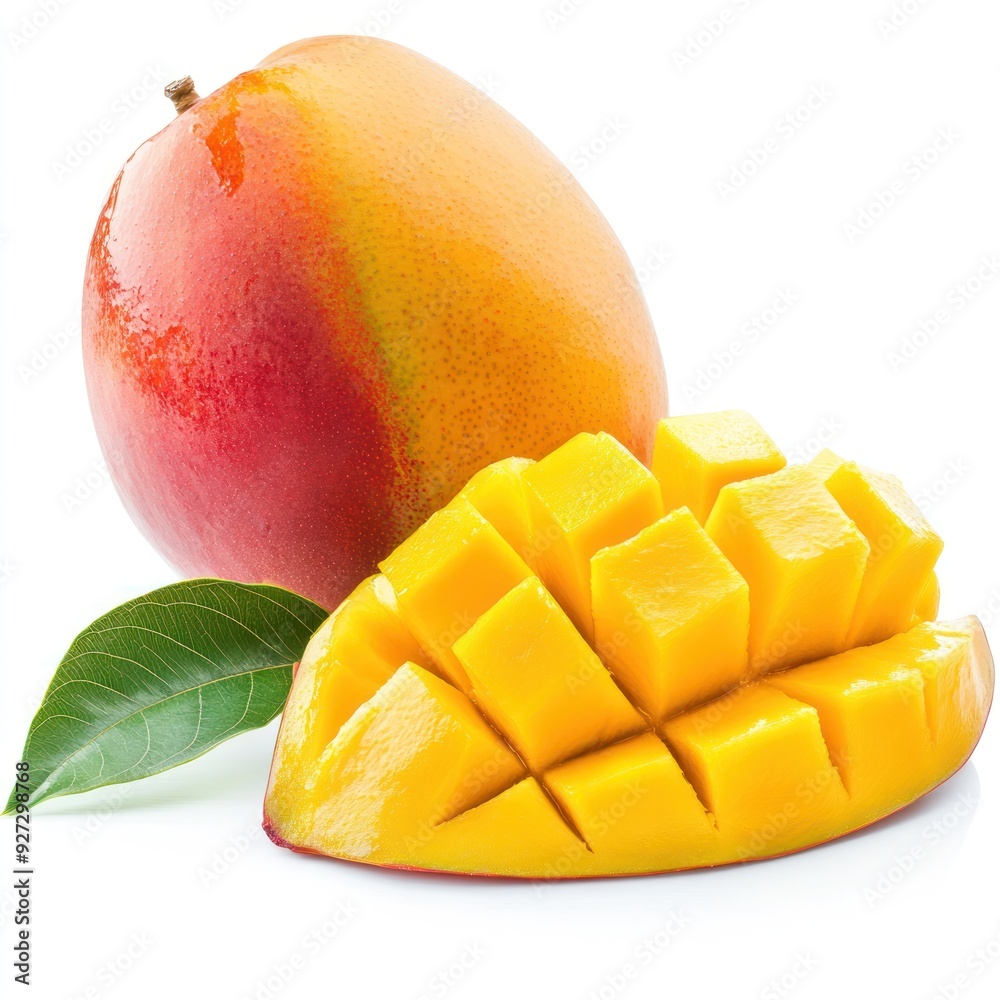 Ripe mango with a slice cut into squares and a green leaf isolated on white background.
