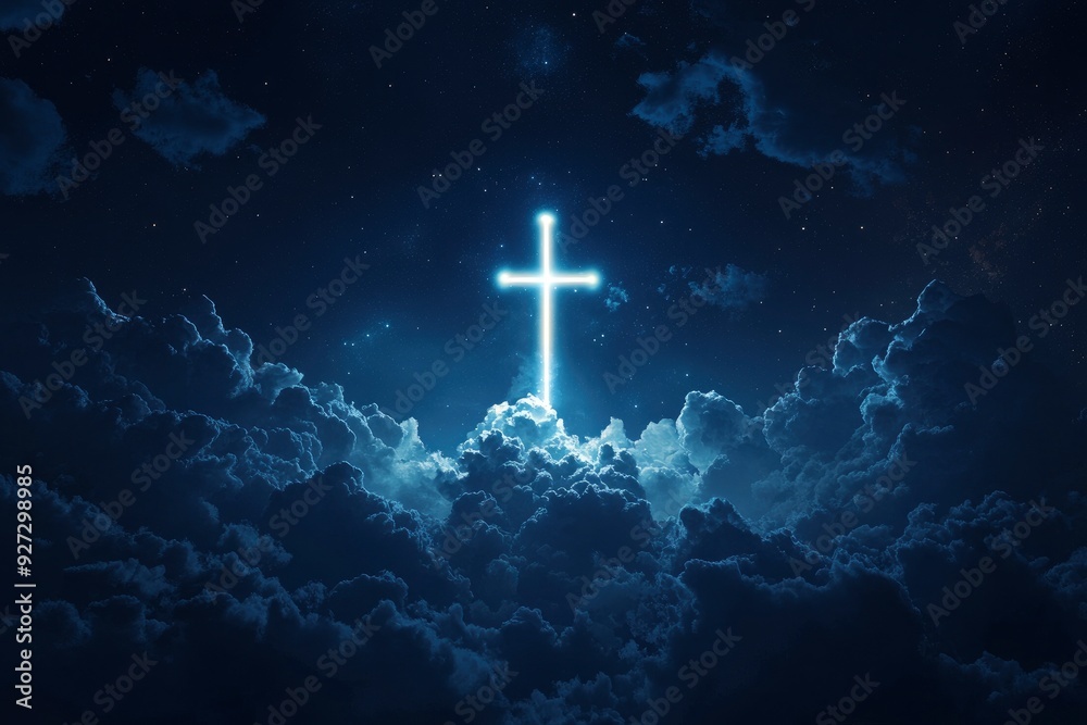 Fototapeta premium Concept of christian religion shining cross on the background of cloudy night sky. Dark sky with cross and cloud. Divine shining heaven, light. Religious background , ai