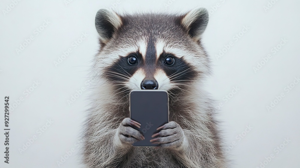 Close-up of an adult raccoon with a phone in his hand, taking a selfie against a white background. Cute animal image in a minimalist style. Close-up of an adult raccoon with a phone in his hand, taking a selfie against a white background. Cute animal image in a minimalist style.