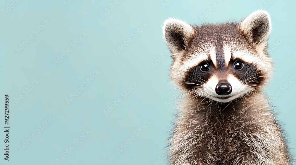 A happy Raccoon puppy sitting on a solid mint blue background with space above for text, illustration background A happy Raccoon puppy sitting on a solid mint blue background with space above for text, illustration background
