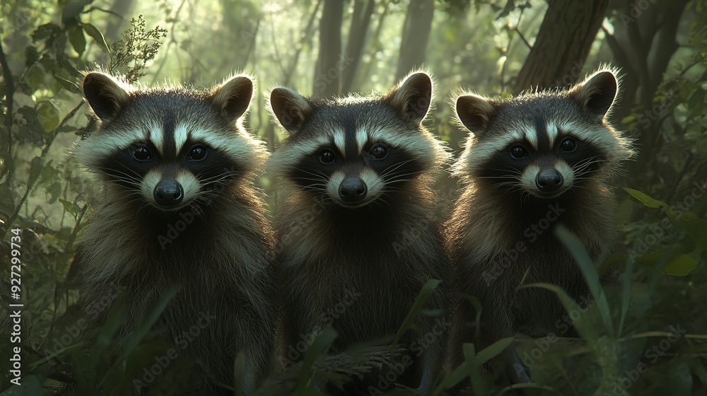 Obraz premium Three raccoons in the wild