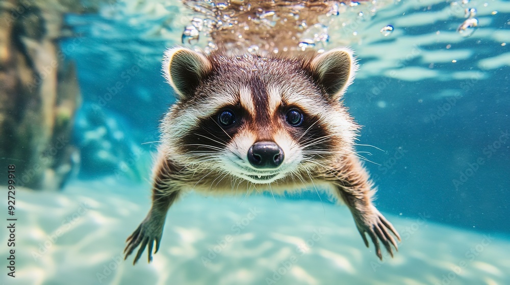 Fototapeta premium Adorable raccoon swimming underwater in a clear pool, showcasing its playful and curious nature.