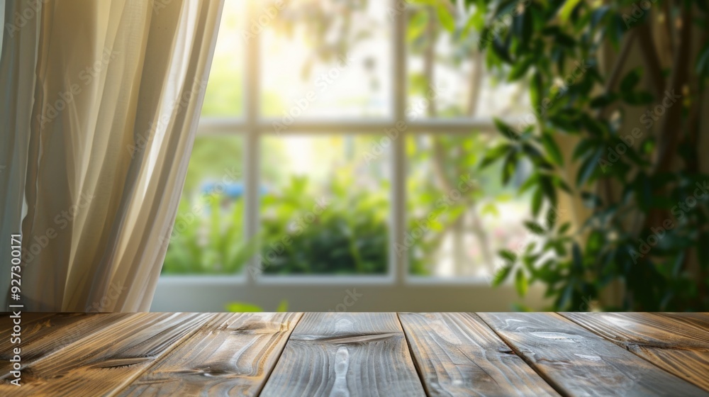 Focus View. Abstract Background of Empty Wood Table Top with Blurred Curtain and Bright Green Garden Colors Focus View. Abstract Background of Empty Wood Table Top with Blurred Curtain and Bright Green Garden Colors