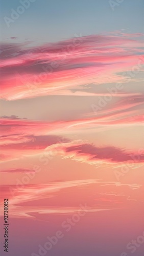 pastel sunset sky, vibrant pink and orange hues, gradient blending into soft blue tones, wispy clouds, serene and tranquil atmosphere, dreamy ambiance, ethereal sky, impressionistic sky, soft gradient