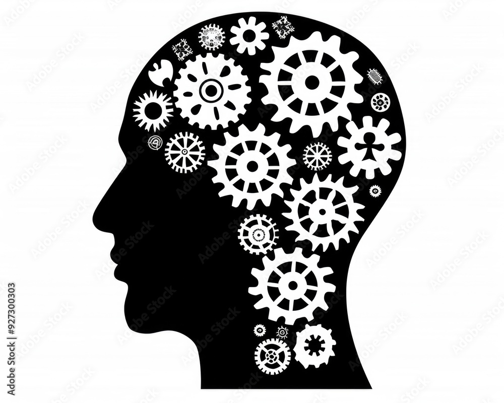 Head Gears. Brain Icon with Business Gears in Human Head Silhouette Head Gears. Brain Icon with Business Gears in Human Head Silhouette